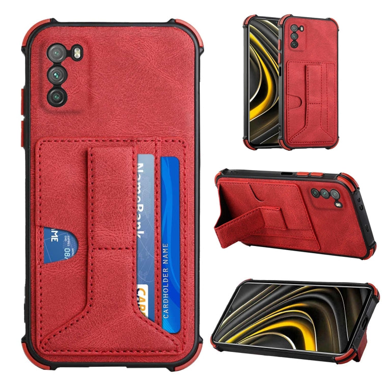 For Xiaomi Poco M3 Dream PU + TPU Four-corner Shockproof Back Cover Case with Card Slots & Holder