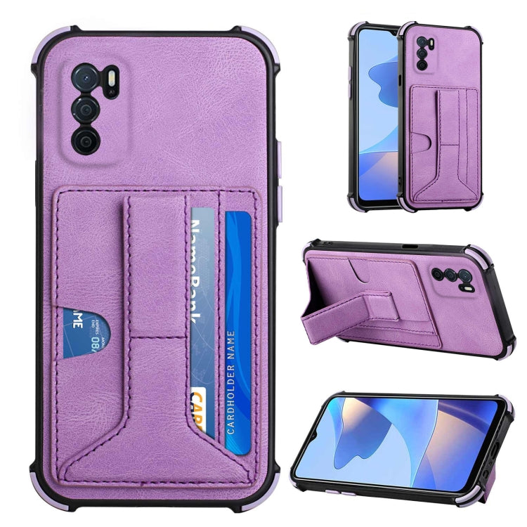 For OPPO A16 Dream PU + TPU Four-corner Shockproof Back Cover Case with Card Slots & Holder