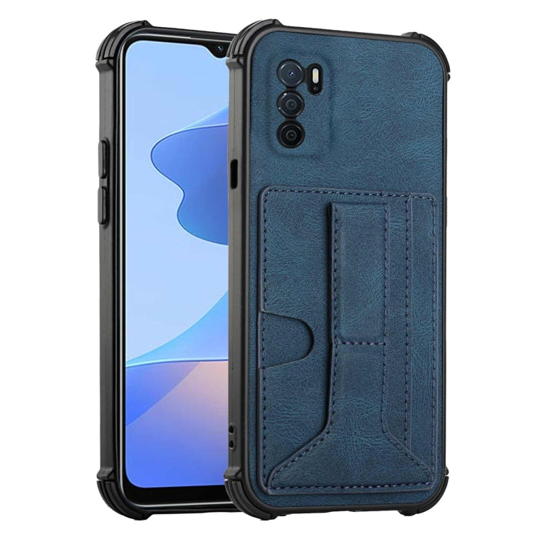 For OPPO A16 Dream PU + TPU Four-corner Shockproof Back Cover Case with Card Slots & Holder