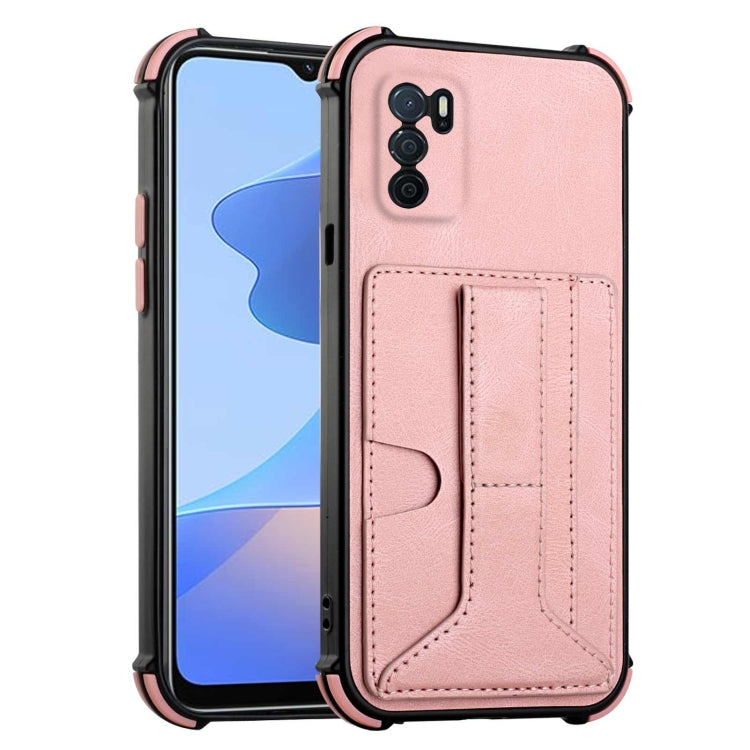For OPPO A16 Dream PU + TPU Four-corner Shockproof Back Cover Case with Card Slots & Holder