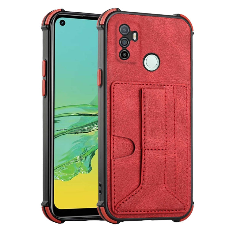 For OPPO A53 / A33 2020 / A32 Dream PU + TPU Four-corner Shockproof Back Cover Case with Card Slots & Holder