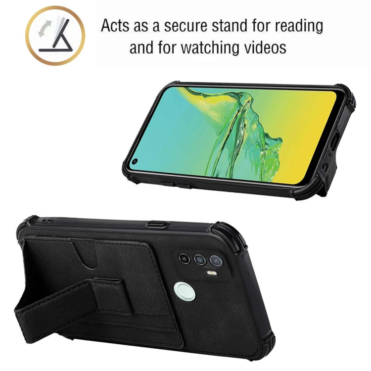 For OPPO A53 / A33 2020 / A32 Dream PU + TPU Four-corner Shockproof Back Cover Case with Card Slots & Holder