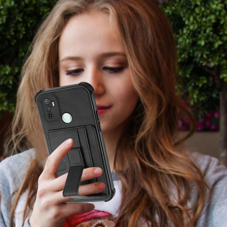 For OPPO A53 / A33 2020 / A32 Dream PU + TPU Four-corner Shockproof Back Cover Case with Card Slots & Holder