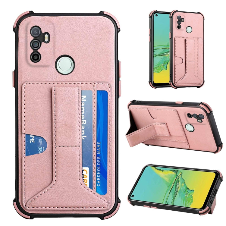 For OPPO A53 / A33 2020 / A32 Dream PU + TPU Four-corner Shockproof Back Cover Case with Card Slots & Holder