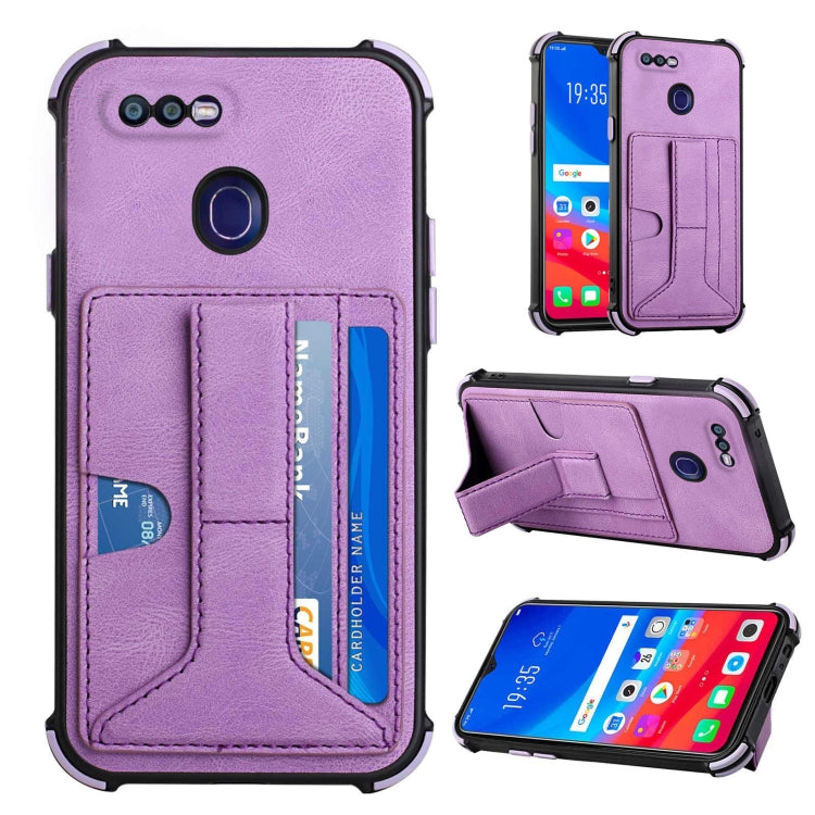 For OPPO F9 / A7x Dream PU + TPU Four-corner Shockproof Back Cover Case with Card Slots & Holder