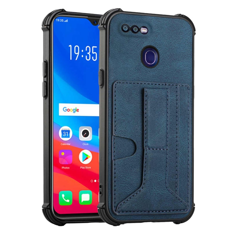 For OPPO F9 / A7x Dream PU + TPU Four-corner Shockproof Back Cover Case with Card Slots & Holder