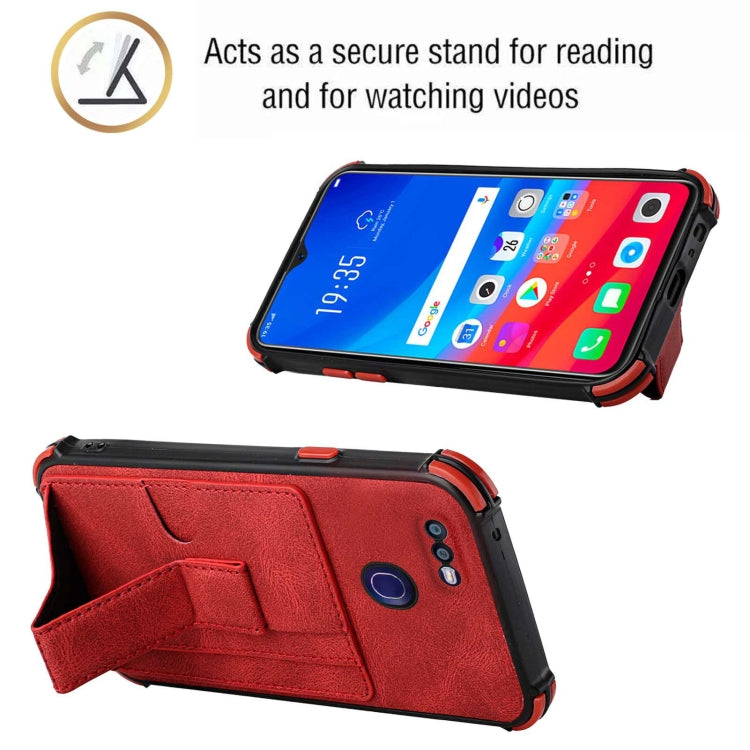 For OPPO F9 / A7x Dream PU + TPU Four-corner Shockproof Back Cover Case with Card Slots & Holder