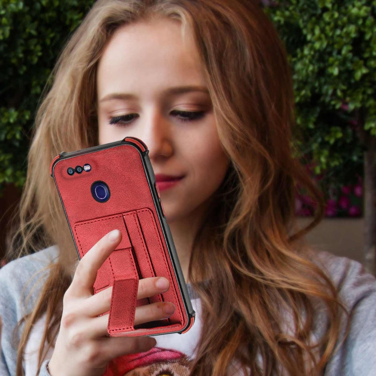 For OPPO F9 / A7x Dream PU + TPU Four-corner Shockproof Back Cover Case with Card Slots & Holder