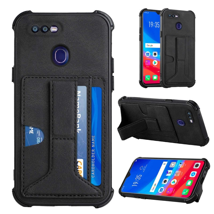 For OPPO F9 / A7x Dream PU + TPU Four-corner Shockproof Back Cover Case with Card Slots & Holder