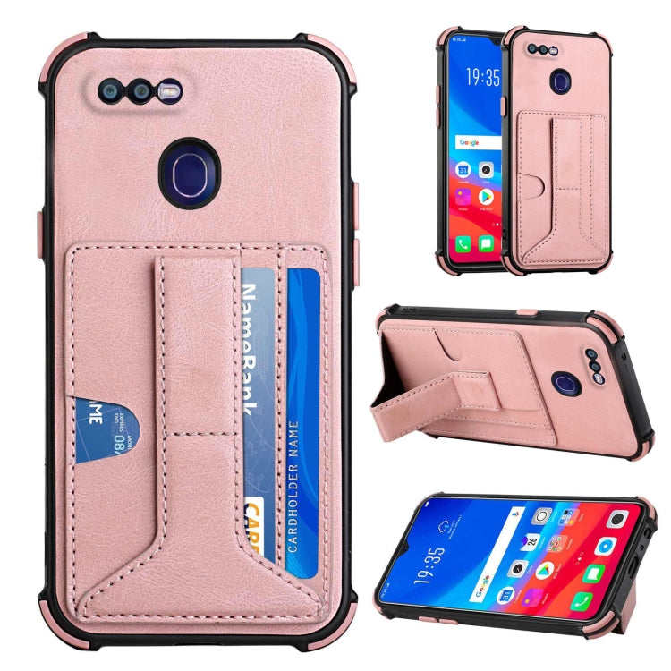For OPPO F9 / A7x Dream PU + TPU Four-corner Shockproof Back Cover Case with Card Slots & Holder