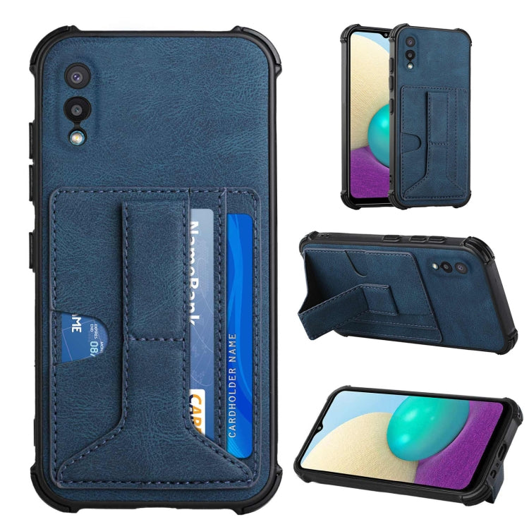For Samsung Galaxy A02 EU Version / M02 Dream PU + TPU Four-corner Shockproof Back Cover Case with Card Slots & Holder