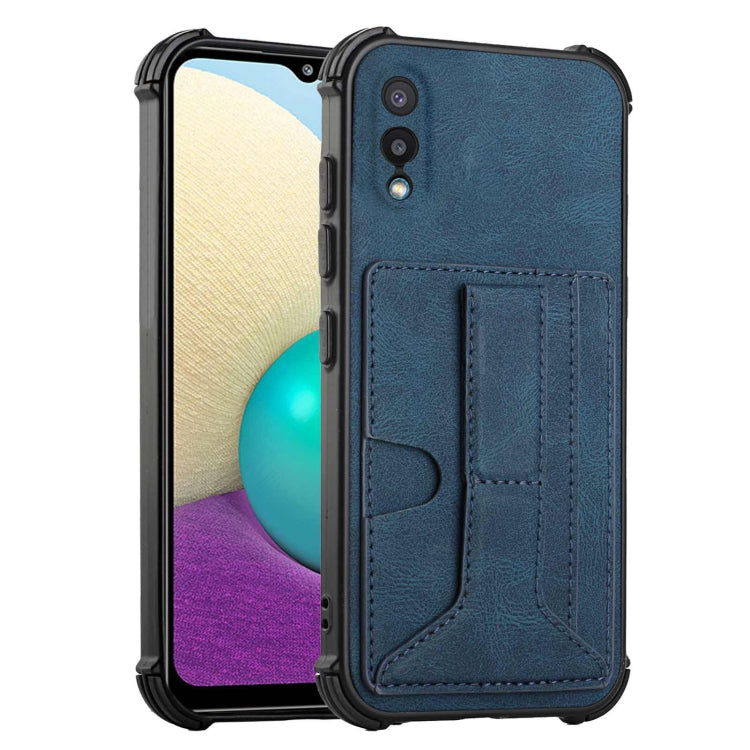 For Samsung Galaxy A02 EU Version / M02 Dream PU + TPU Four-corner Shockproof Back Cover Case with Card Slots & Holder