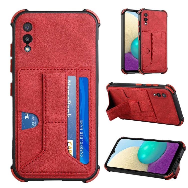 For Samsung Galaxy A02 EU Version / M02 Dream PU + TPU Four-corner Shockproof Back Cover Case with Card Slots & Holder