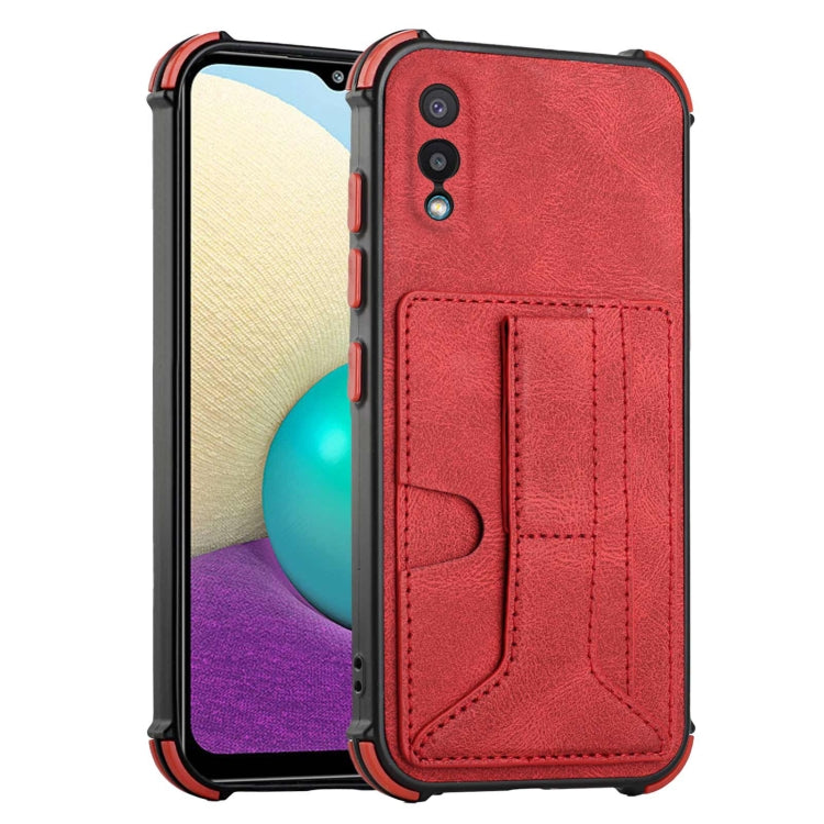 For Samsung Galaxy A02 EU Version / M02 Dream PU + TPU Four-corner Shockproof Back Cover Case with Card Slots & Holder