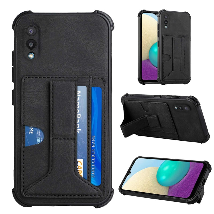 For Samsung Galaxy A02 EU Version / M02 Dream PU + TPU Four-corner Shockproof Back Cover Case with Card Slots & Holder