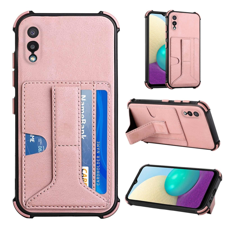 For Samsung Galaxy A02 EU Version / M02 Dream PU + TPU Four-corner Shockproof Back Cover Case with Card Slots & Holder