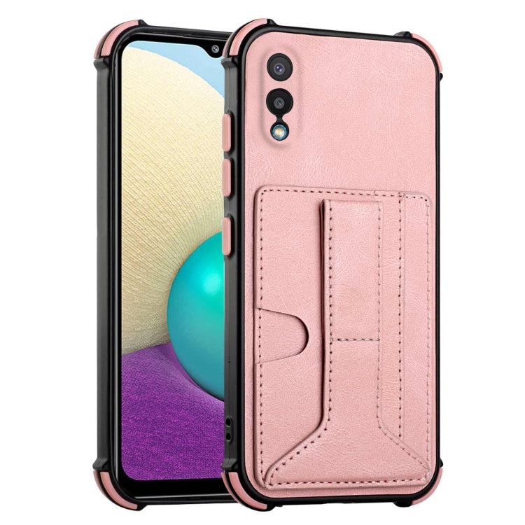 For Samsung Galaxy A02 EU Version / M02 Dream PU + TPU Four-corner Shockproof Back Cover Case with Card Slots & Holder