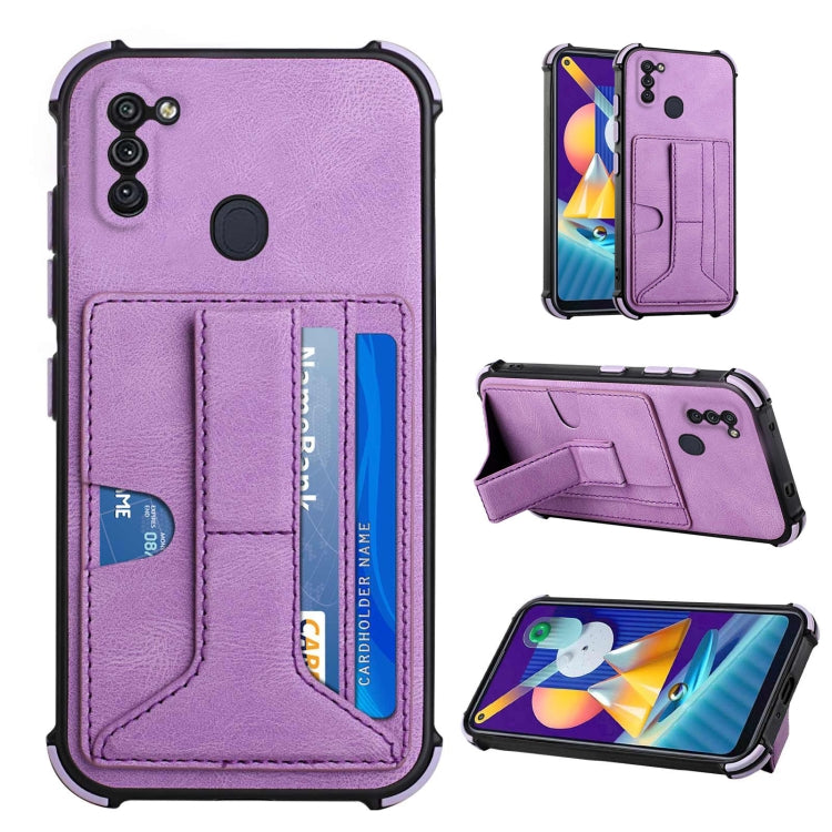 For Samsung Galaxy A11 EU Version / M11 Dream PU + TPU Four-corner Shockproof Back Cover Case with Card Slots & Holder