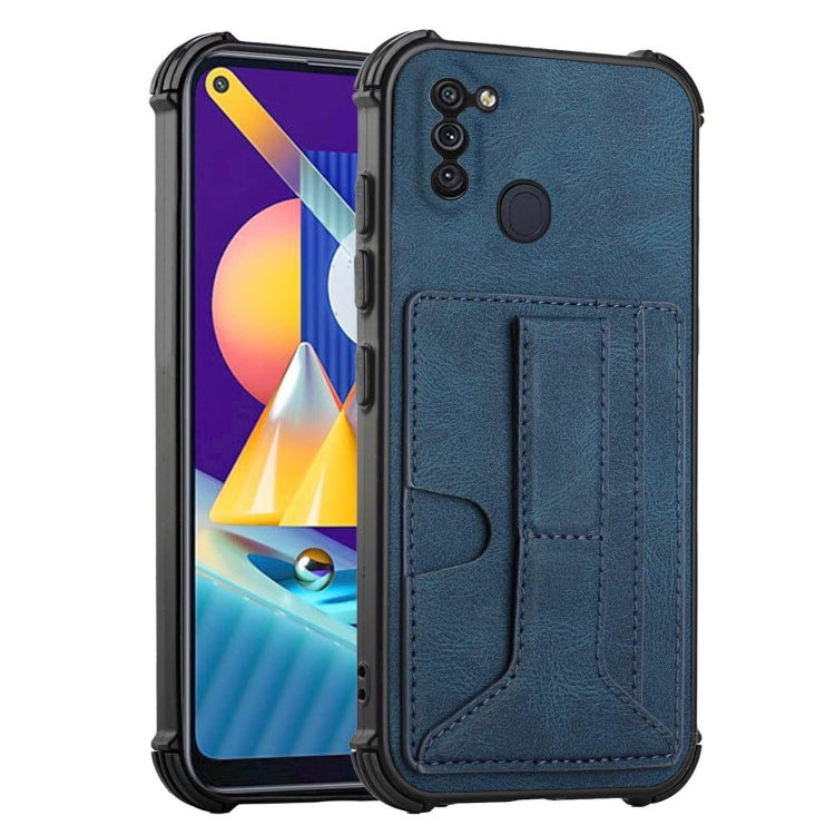 For Samsung Galaxy A11 EU Version / M11 Dream PU + TPU Four-corner Shockproof Back Cover Case with Card Slots & Holder