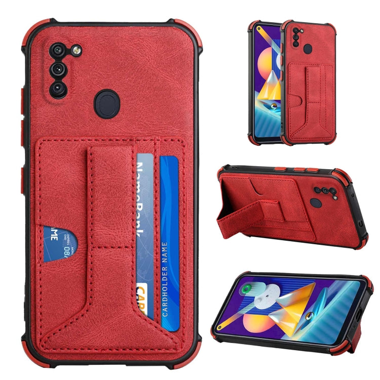 For Samsung Galaxy A11 EU Version / M11 Dream PU + TPU Four-corner Shockproof Back Cover Case with Card Slots & Holder