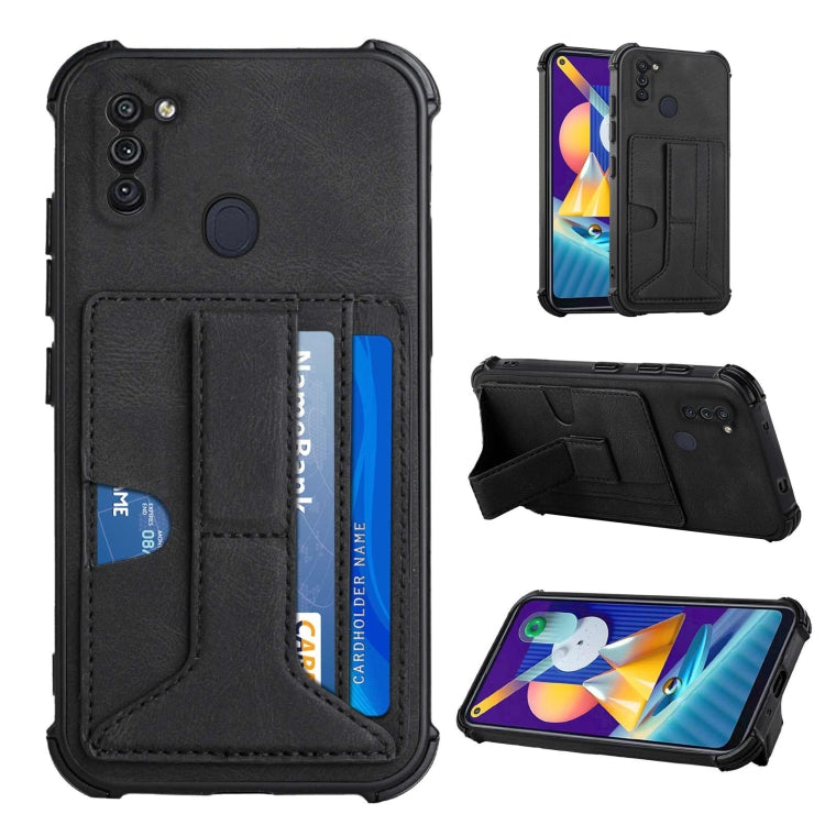 For Samsung Galaxy A11 EU Version / M11 Dream PU + TPU Four-corner Shockproof Back Cover Case with Card Slots & Holder