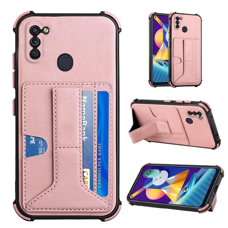For Samsung Galaxy A11 EU Version / M11 Dream PU + TPU Four-corner Shockproof Back Cover Case with Card Slots & Holder
