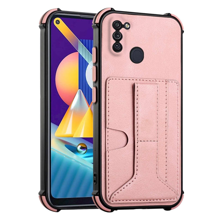 For Samsung Galaxy A11 EU Version / M11 Dream PU + TPU Four-corner Shockproof Back Cover Case with Card Slots & Holder