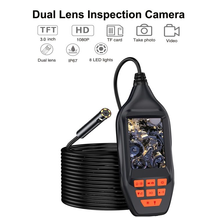 M30 1080P 8mm Dual Lens HD Industrial Digital Endoscope with 3.0 inch TFT Screen, Cable Length:10m Hard Cable(Black)