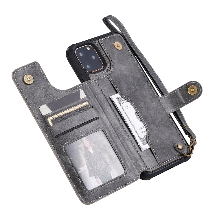 For iPhone 11 Pro Max Buckle Zipper Shockproof Protective Case with Holder & Card Slots & Wallet & Lanyard & Photos Frame