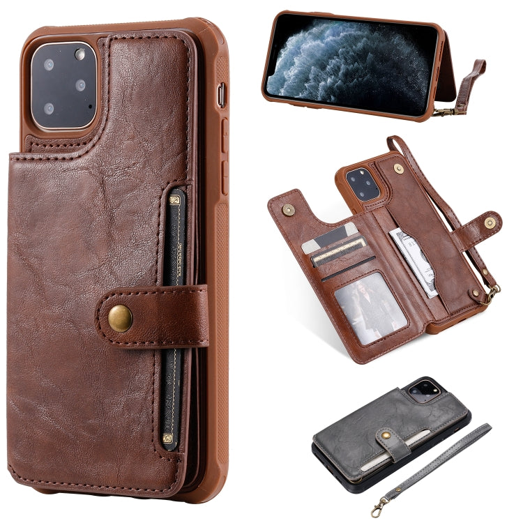 For iPhone 11 Pro Max Buckle Zipper Shockproof Protective Case with Holder & Card Slots & Wallet & Lanyard & Photos Frame