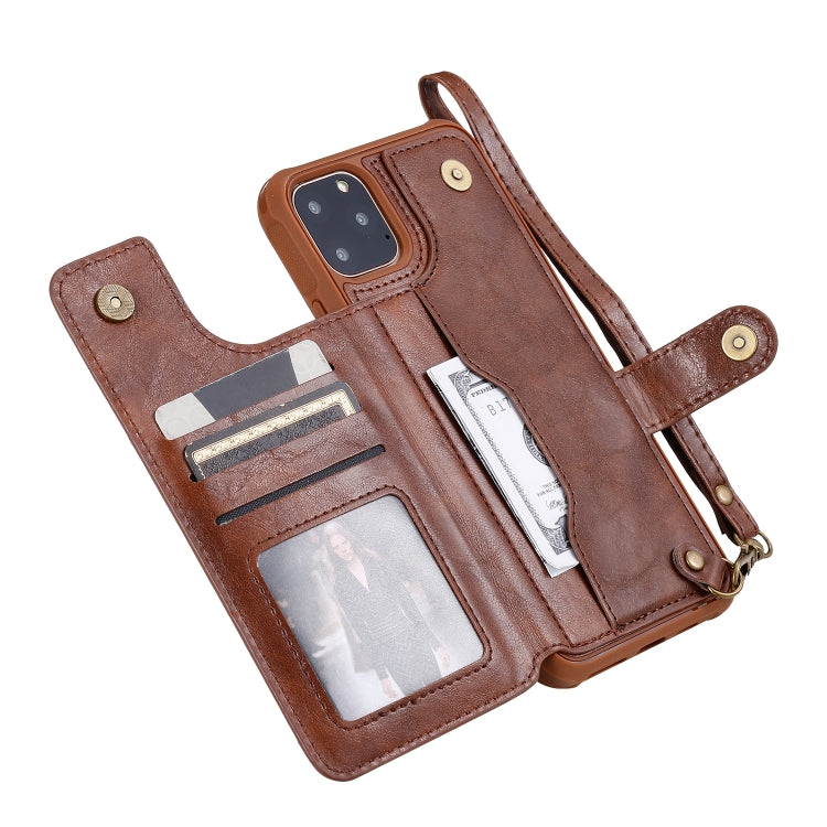 For iPhone 11 Pro Max Buckle Zipper Shockproof Protective Case with Holder & Card Slots & Wallet & Lanyard & Photos Frame