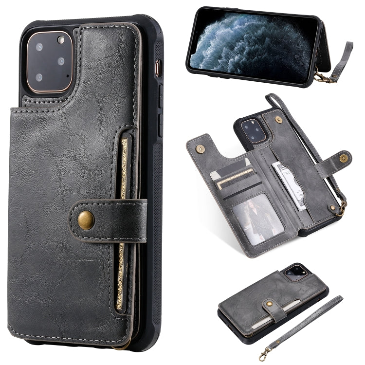 For iPhone 11 Pro Max Buckle Zipper Shockproof Protective Case with Holder & Card Slots & Wallet & Lanyard & Photos Frame