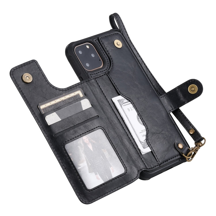 For iPhone 11 Pro Max Buckle Zipper Shockproof Protective Case with Holder & Card Slots & Wallet & Lanyard & Photos Frame