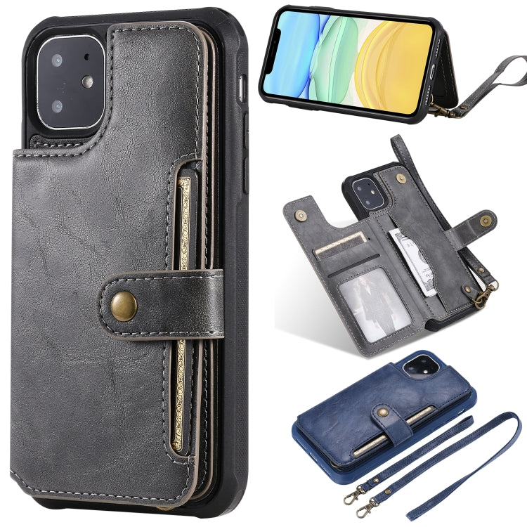 For iPhone 11 For  iPhone 11 Buckle Zipper Shockproof Protective Case with Holder & Card Slots & Wallet & Lanyard & Photos Frame