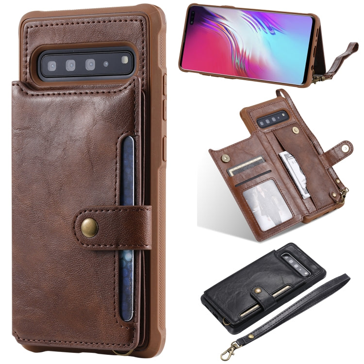 For Galaxy S10 5G Buckle Zipper Shockproof Protective Case with Holder & Card Slots & Wallet & Lanyard & Photos Frame