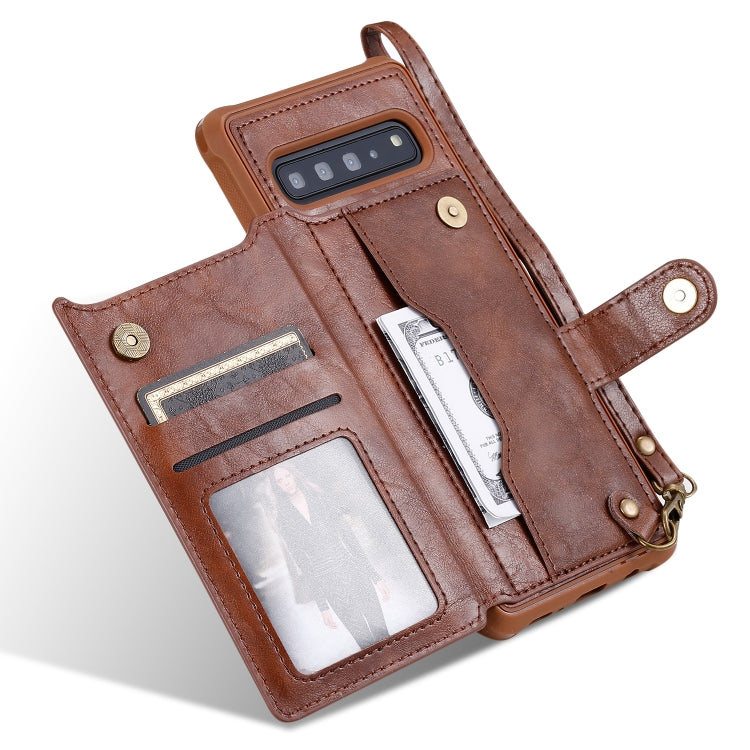 For Galaxy S10 5G Buckle Zipper Shockproof Protective Case with Holder & Card Slots & Wallet & Lanyard & Photos Frame