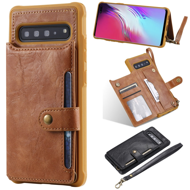 For Galaxy S10 5G Buckle Zipper Shockproof Protective Case with Holder & Card Slots & Wallet & Lanyard & Photos Frame