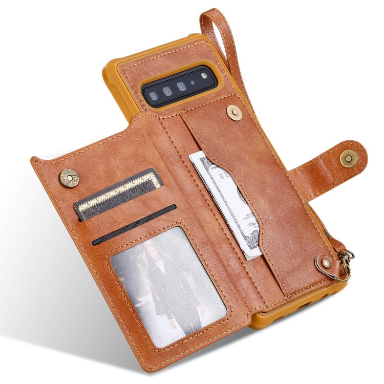 For Galaxy S10 5G Buckle Zipper Shockproof Protective Case with Holder & Card Slots & Wallet & Lanyard & Photos Frame