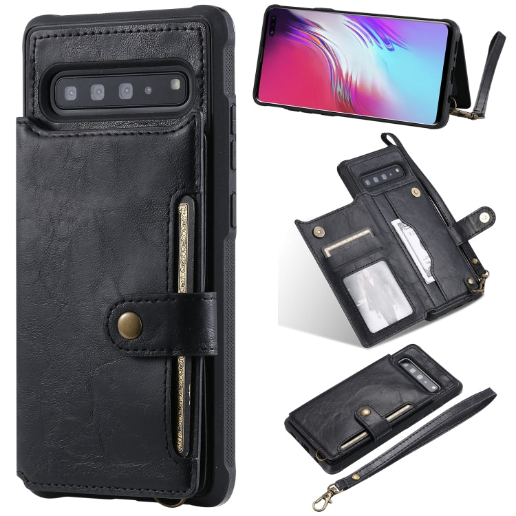 For Galaxy S10 5G Buckle Zipper Shockproof Protective Case with Holder & Card Slots & Wallet & Lanyard & Photos Frame