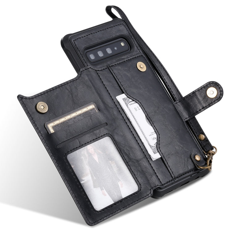 For Galaxy S10 5G Buckle Zipper Shockproof Protective Case with Holder & Card Slots & Wallet & Lanyard & Photos Frame