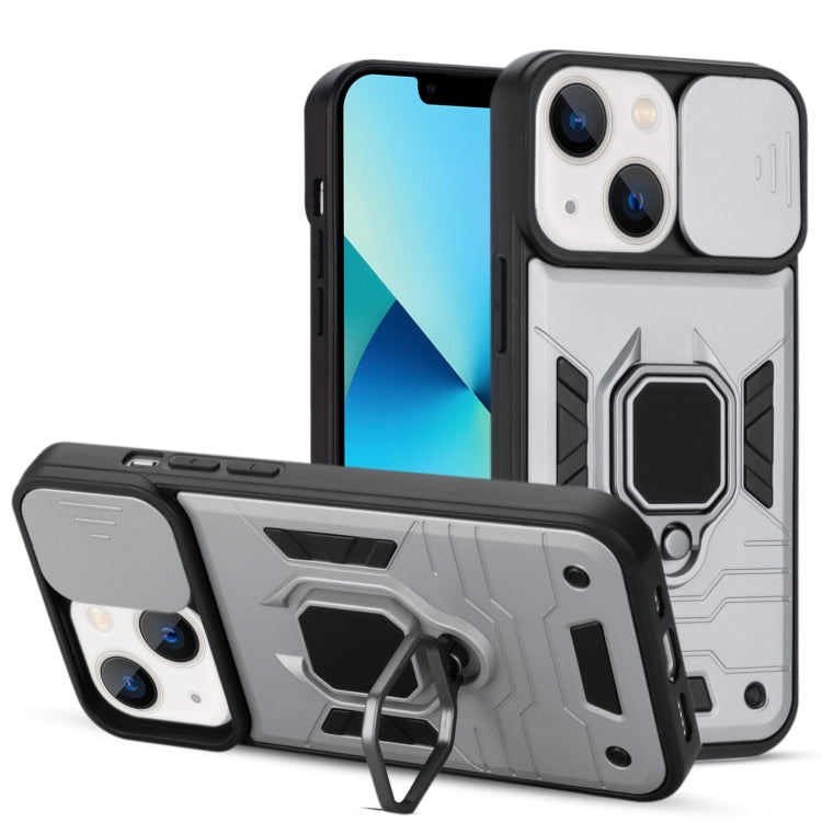 For iPhone 13 mini Warrior Armor Sliding Camera Cover Design TPU + PC Shockproof Case with Ring Holder