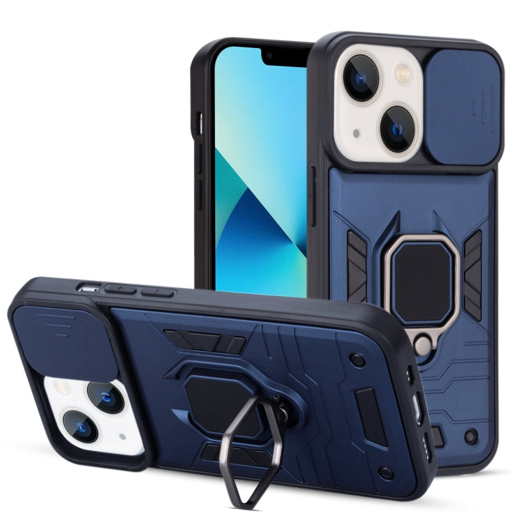 For iPhone 13 mini Warrior Armor Sliding Camera Cover Design TPU + PC Shockproof Case with Ring Holder