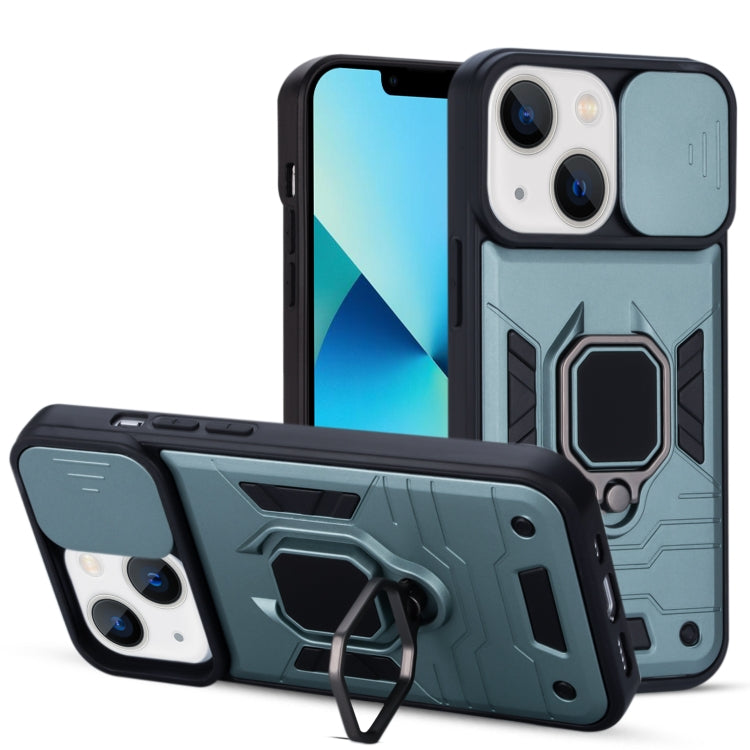 For iPhone 13 mini Warrior Armor Sliding Camera Cover Design TPU + PC Shockproof Case with Ring Holder