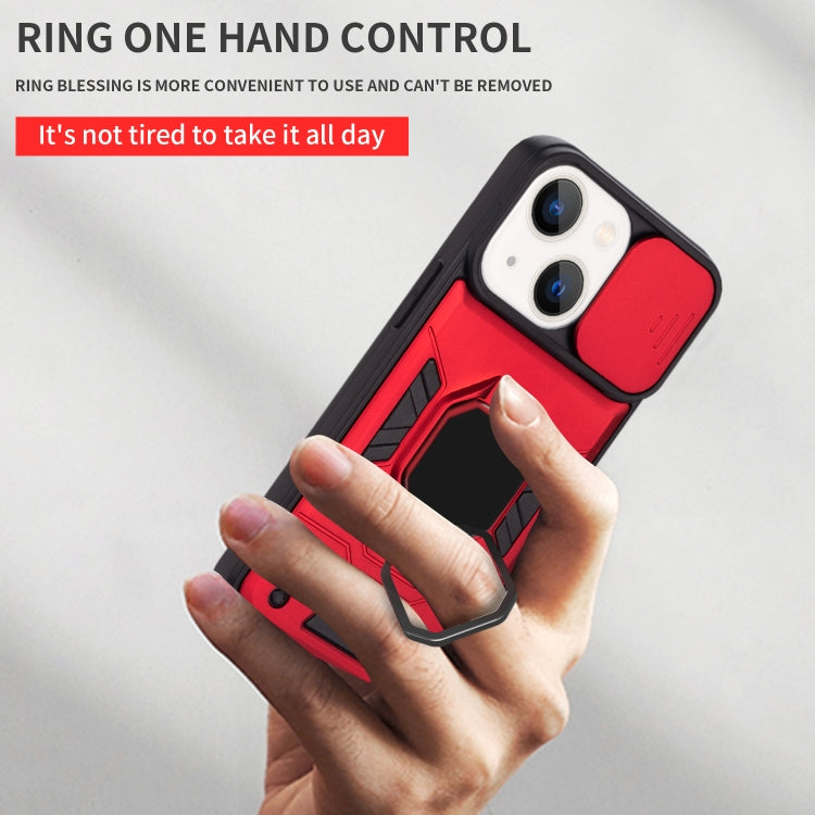 For iPhone 13 mini Warrior Armor Sliding Camera Cover Design TPU + PC Shockproof Case with Ring Holder