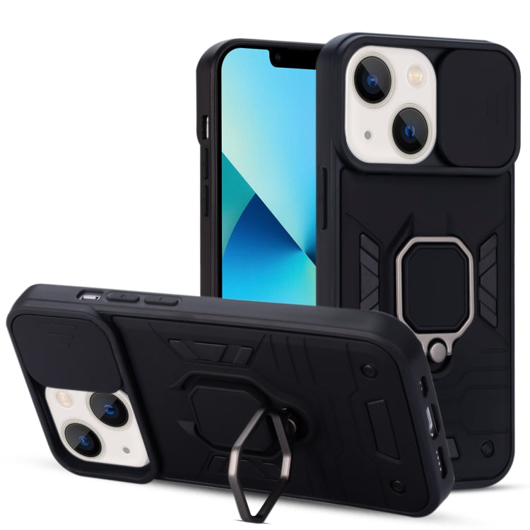 For iPhone 13 Warrior Armor Sliding Camera Cover Design TPU + PC Shockproof Case with Ring Holder