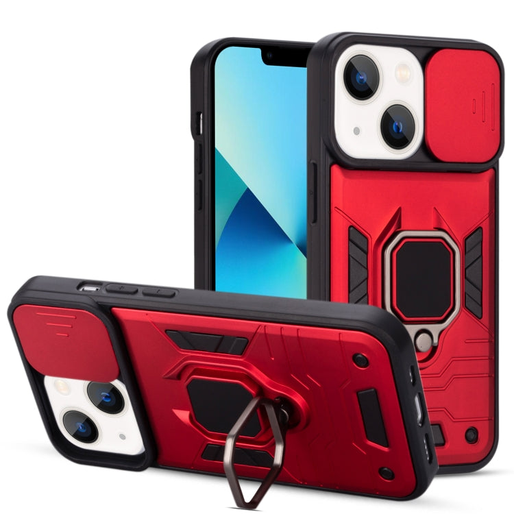 For iPhone 13 Warrior Armor Sliding Camera Cover Design TPU + PC Shockproof Case with Ring Holder