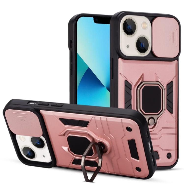 For iPhone 13 Warrior Armor Sliding Camera Cover Design TPU + PC Shockproof Case with Ring Holder