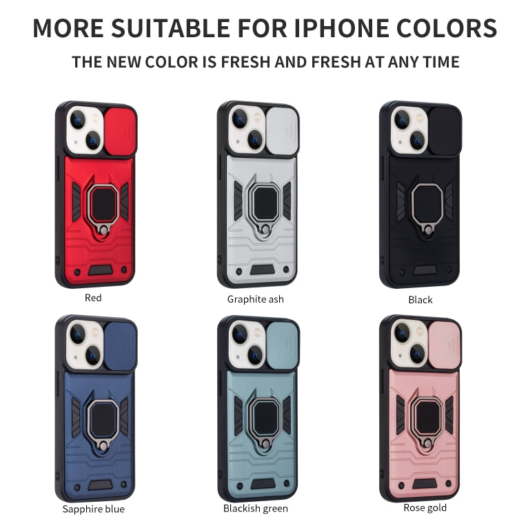 For iPhone 13 Warrior Armor Sliding Camera Cover Design TPU + PC Shockproof Case with Ring Holder