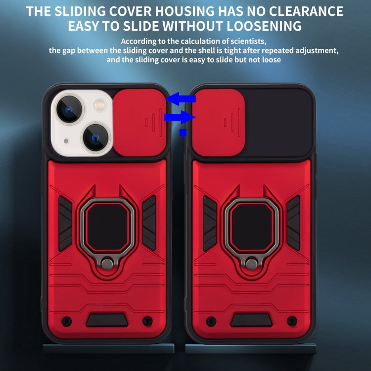 For iPhone 13 Warrior Armor Sliding Camera Cover Design TPU + PC Shockproof Case with Ring Holder