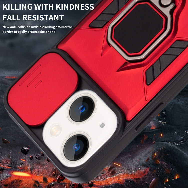 For iPhone 13 Warrior Armor Sliding Camera Cover Design TPU + PC Shockproof Case with Ring Holder